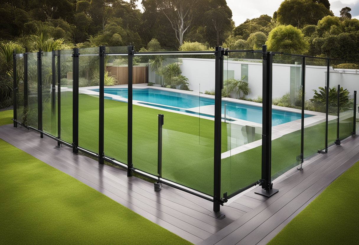 A professional installing glass pool fencing in a backyard in New Zealand, surrounded by tools and materials