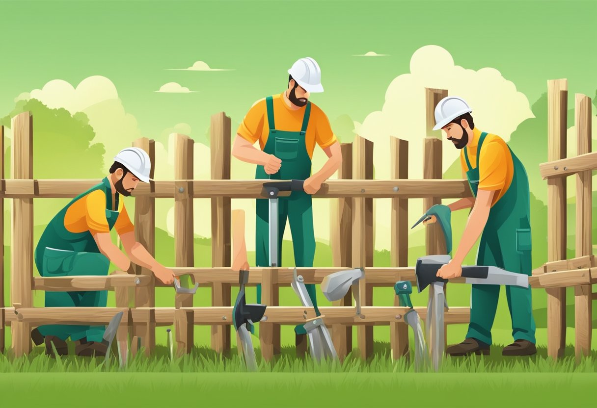 A group of workers construct a sturdy wooden fence around a green pasture, using hammers, nails, and measuring tools