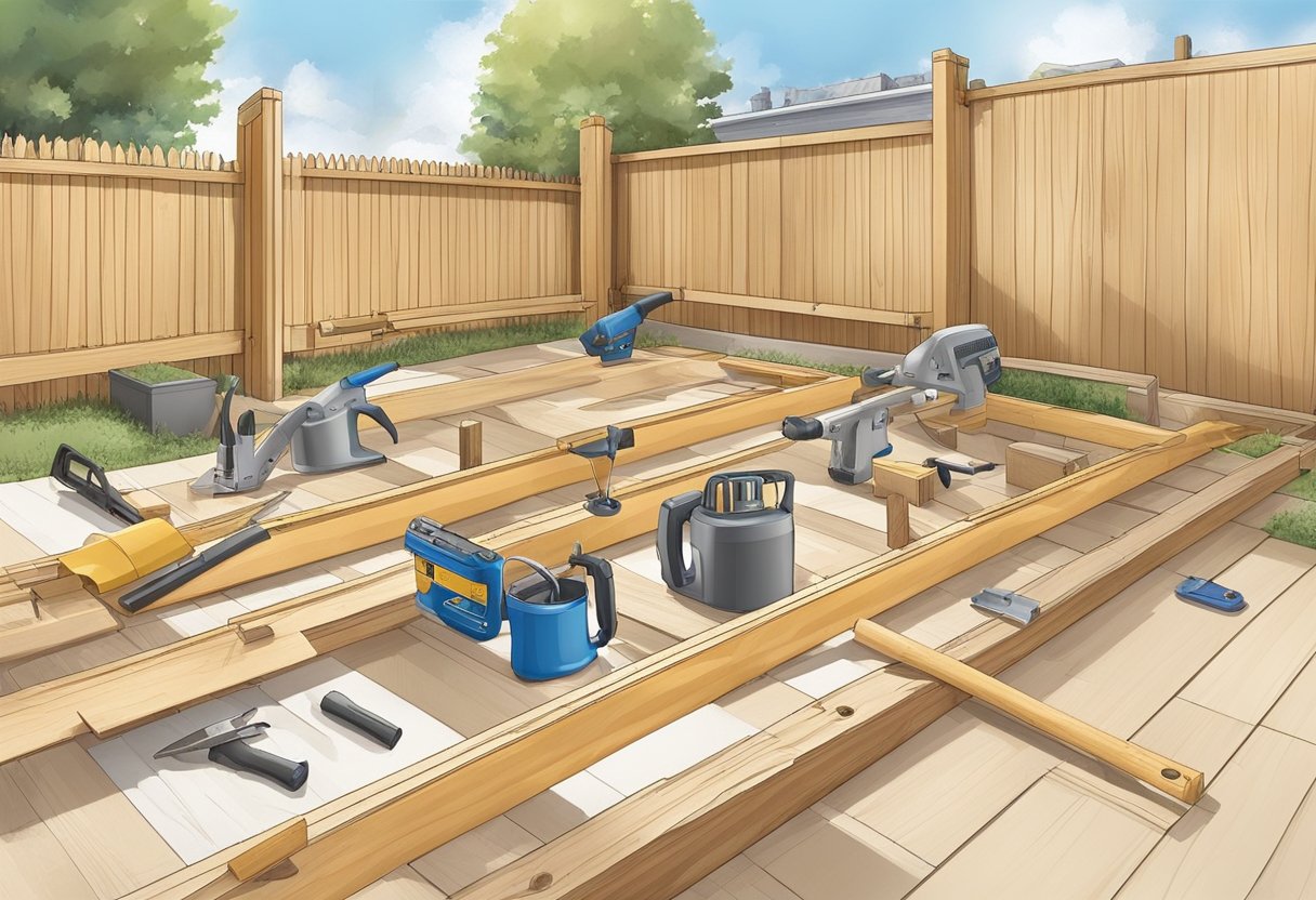 A wooden fence being constructed with tools and materials scattered around the site. Blueprints and measuring equipment are visible