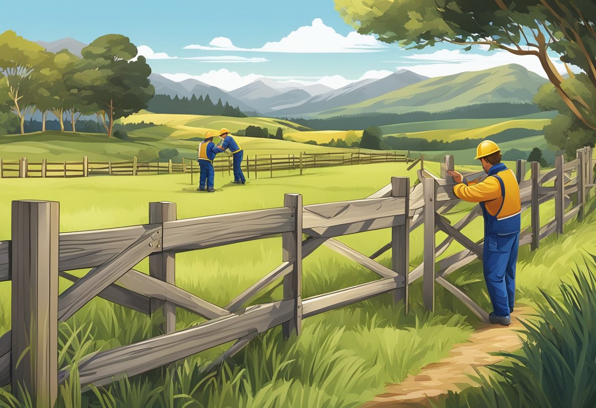 A group of fence builders construct a wooden fence in the lush countryside of New Zealand