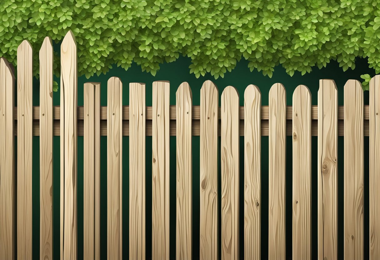 A tall wooden fence stands against a lush green backdrop, with carefully spaced slats for privacy and a clean, modern design for aesthetic appeal