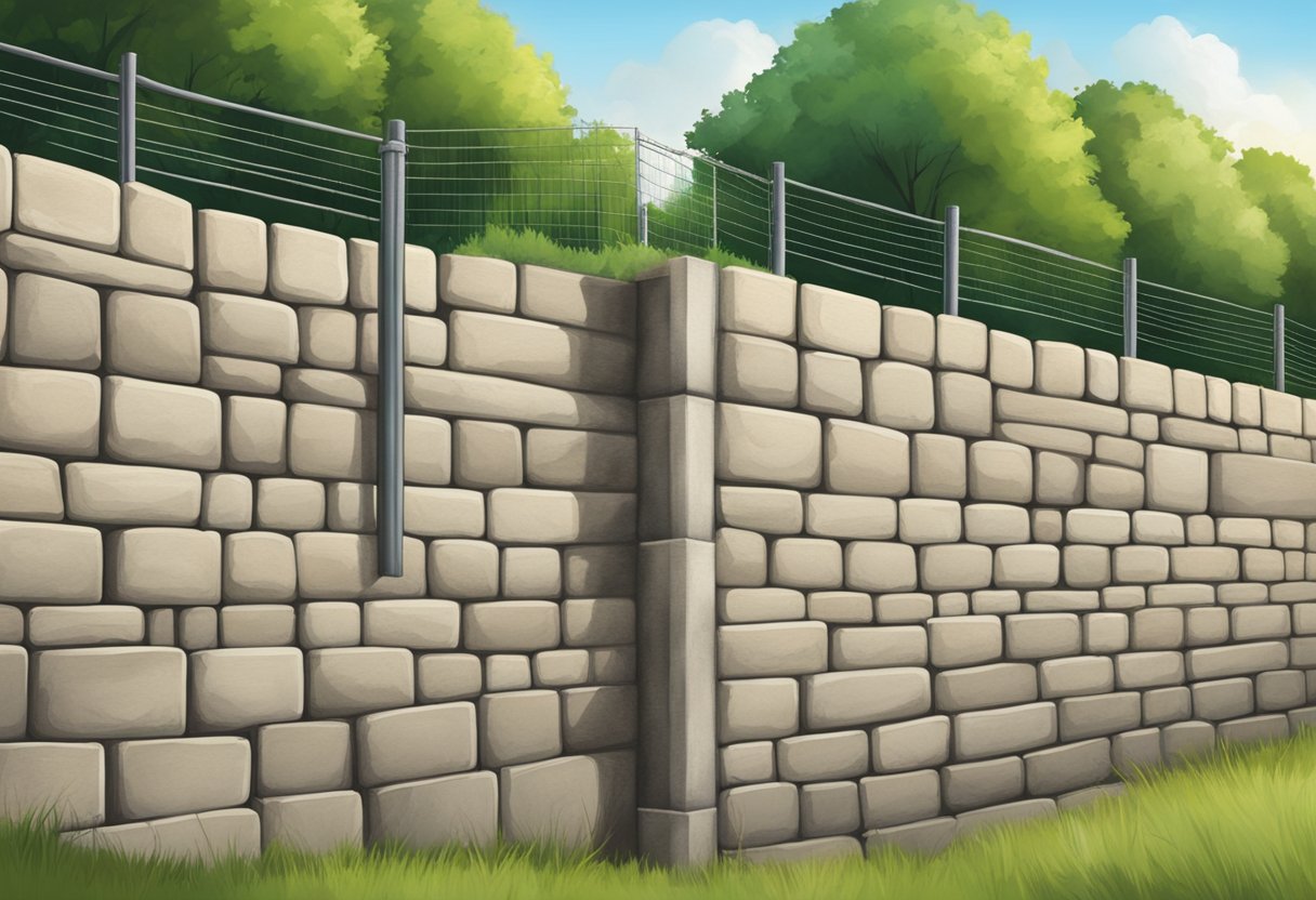 A retaining wall stands tall, supporting the earth, while a sturdy fence stretches into the distance, marking the boundary with strength and precision