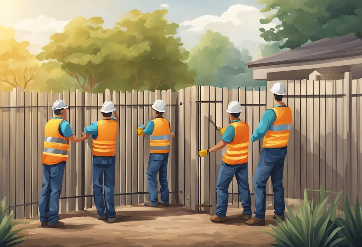 A group of workers construct a sturdy fence around a property, installing gates and access points for entry and exit