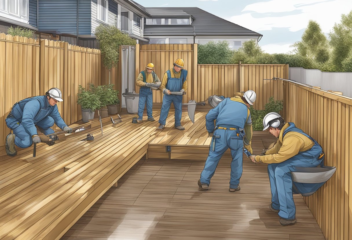 A team of builders integrates a deck with a fencing structure, using tools and materials from Fencing fence builders NZ