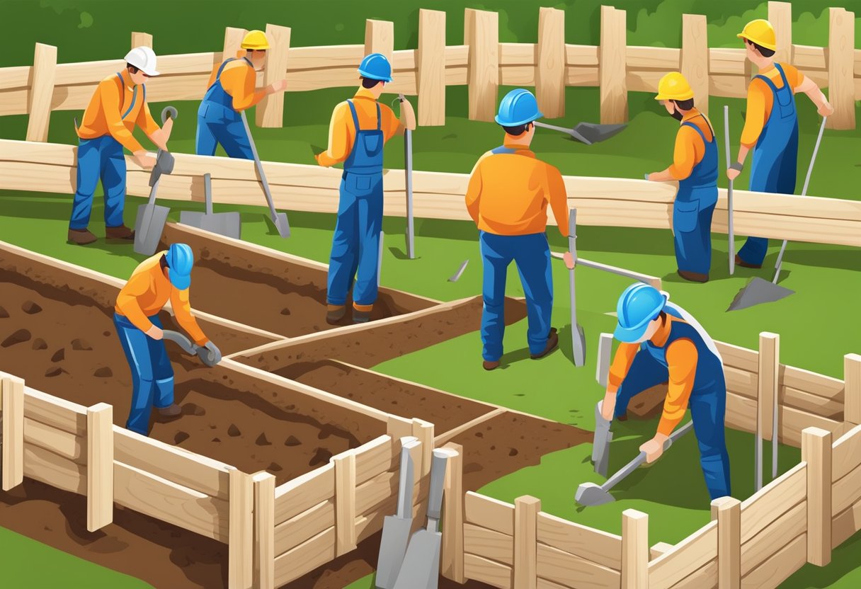 A team of workers digs holes, sets posts, and attaches rails to build a wooden fence in a residential backyard