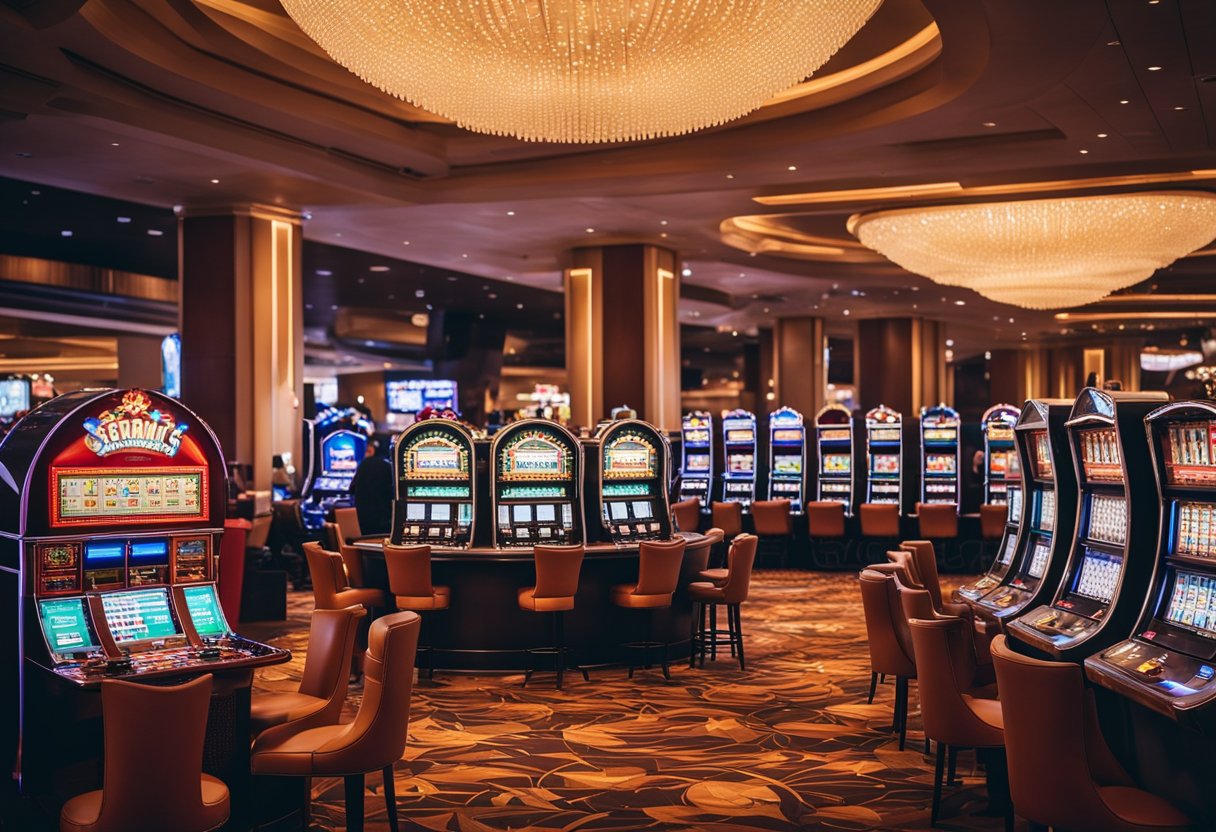 A vibrant casino with sleek, modern design and a bustling atmosphere, featuring a variety of games and entertainment options for players