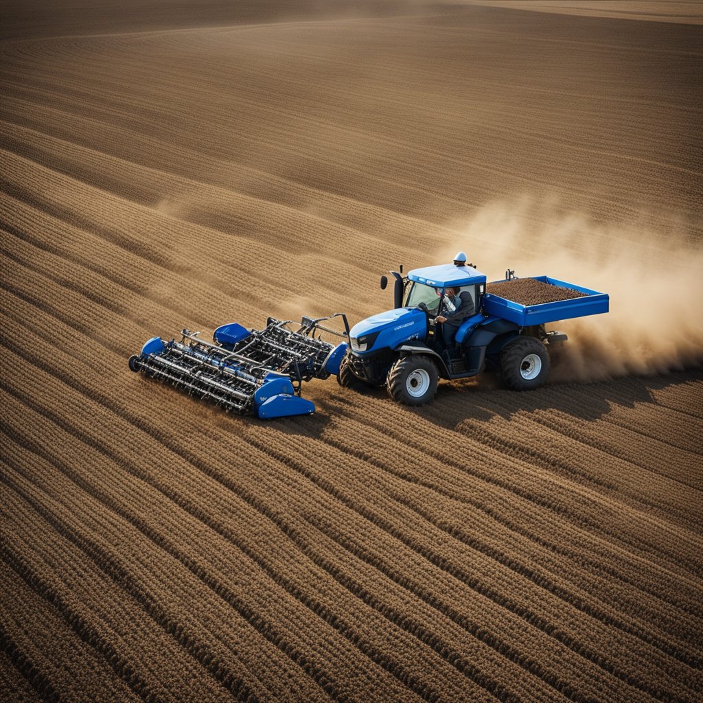 A farmer operates an ATV seed drill in a vast, open field. The machine is distributing seeds into the soil as it moves in straight, parallel lines