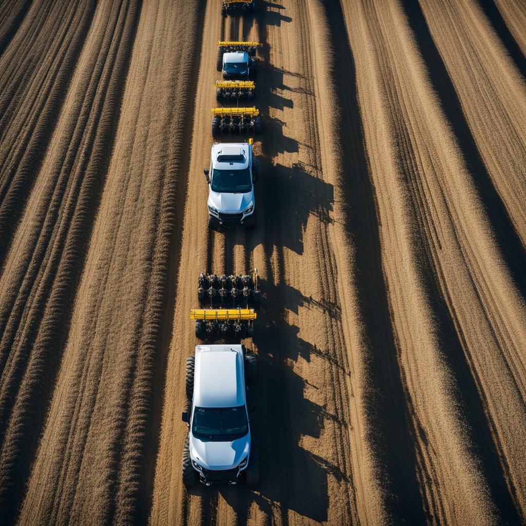 An aerial view of multiple ATV seed drills lined up in a field, ready for planting