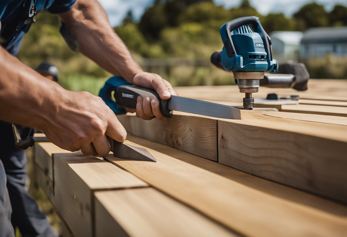 A fence builder in NZ carefully measures and cuts wooden panels, then secures them in place with a hammer and nails