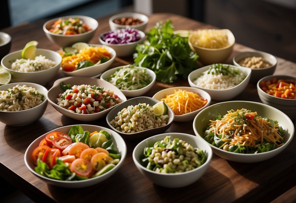 A table filled with various high-protein lunch dishes, including salads, wraps, and bowls, surrounded by fresh ingredients and recipe cards