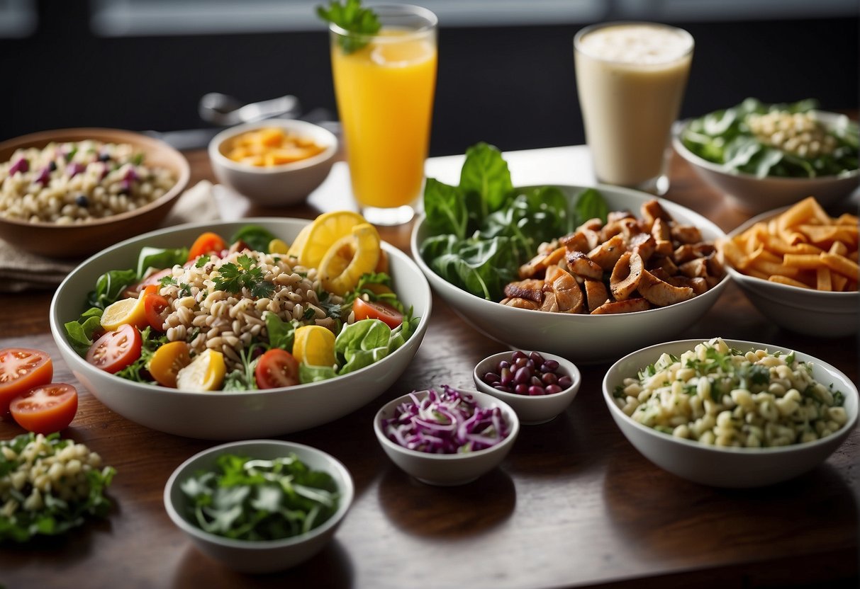 A table set with a variety of high-protein lunch options, including salads, wraps, and bowls, surrounded by fresh ingredients and recipe books