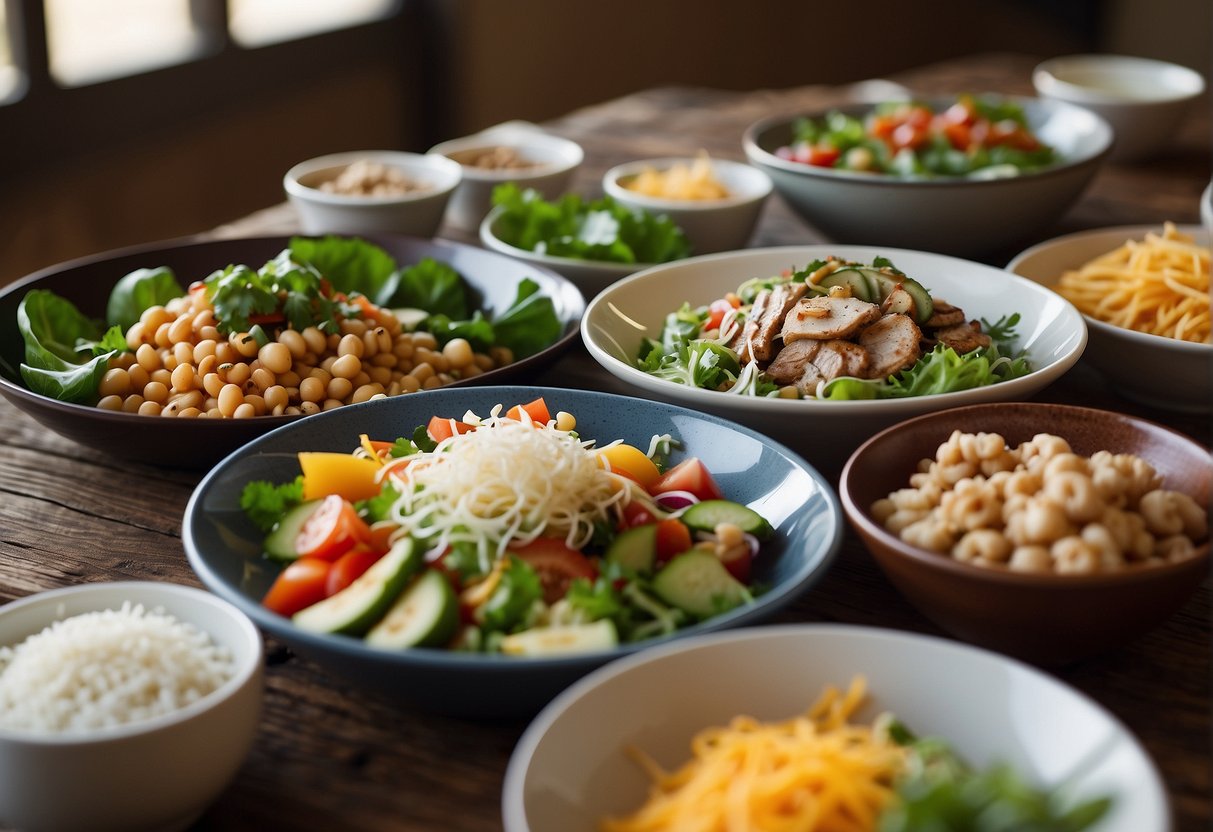 A colorful spread of high-protein lunch dishes, including salads, wraps, and bowls, arranged on a rustic wooden table with fresh ingredients scattered around