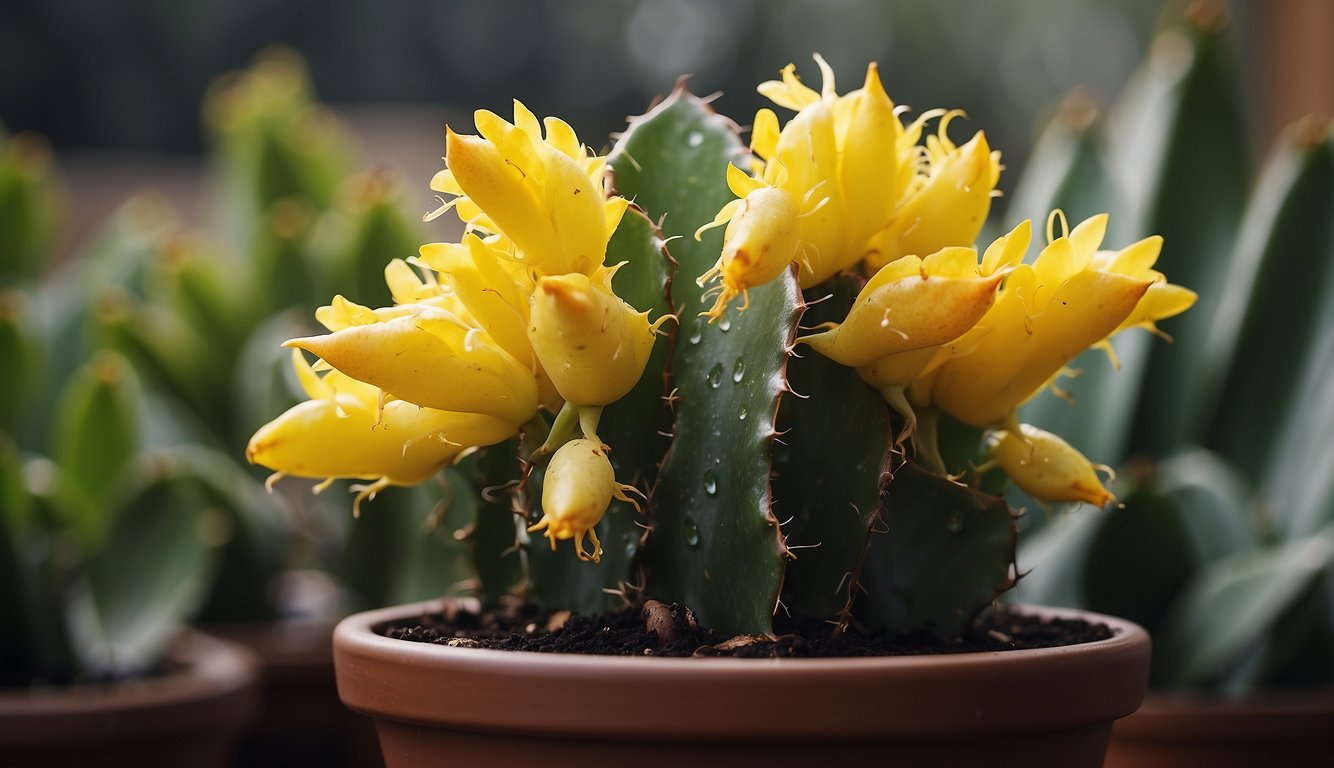 Christmas cactus with yellow leaves, some wilted and others bloated, sitting in a pot filled with excessive water