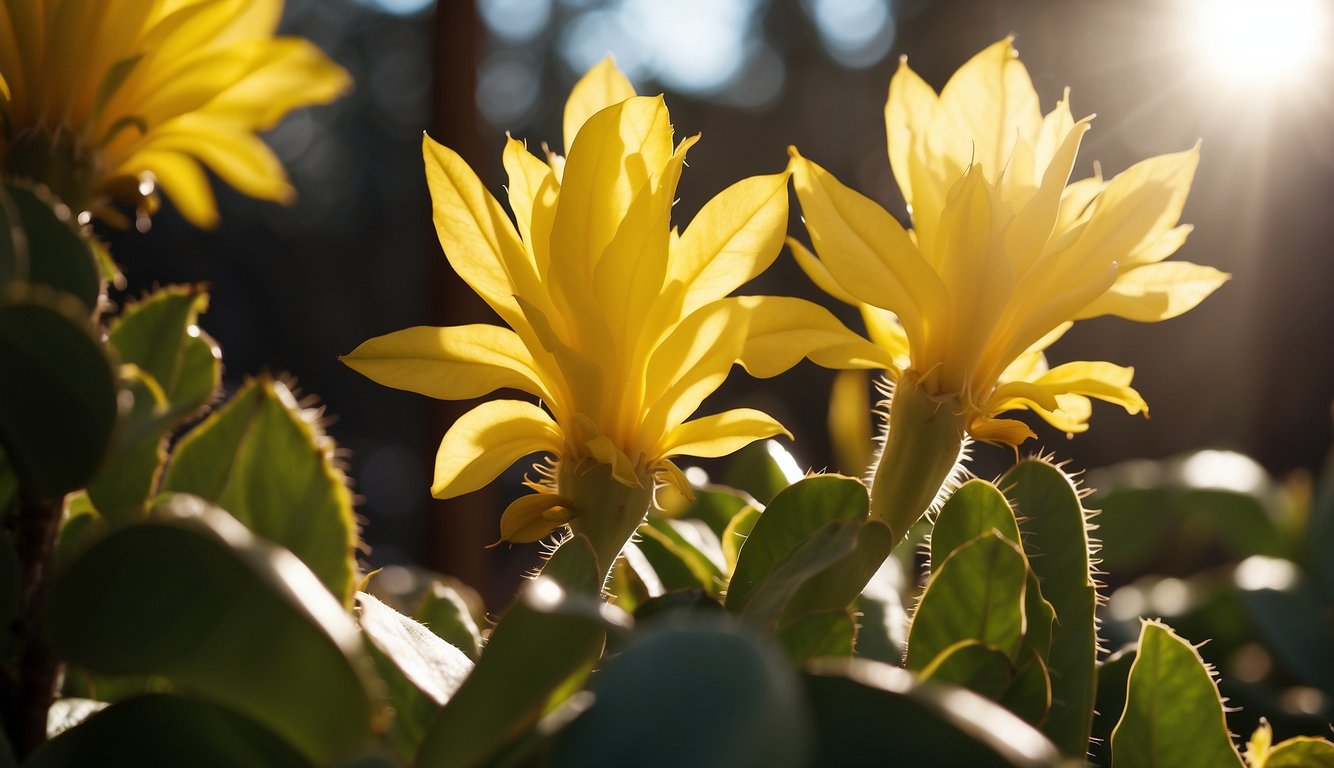 Bright sunlight shining directly on Christmas cactus causing yellow leaves. Dim light causing lack of sunlight and also resulting in yellow leaves