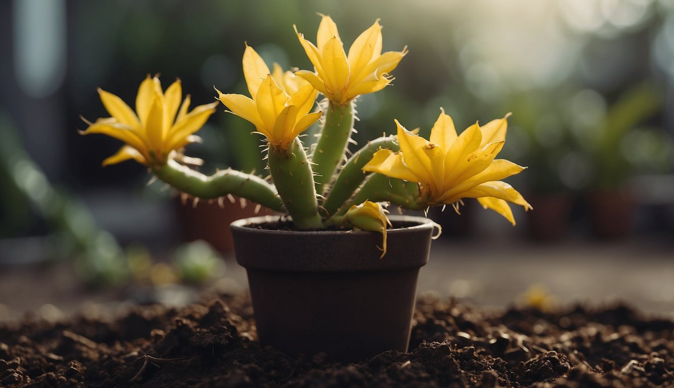 A Christmas cactus with yellow, wilting leaves due to nutrient deficiency and poor drainage. The plant is in a pot, surrounded by damp soil and showing signs of stress