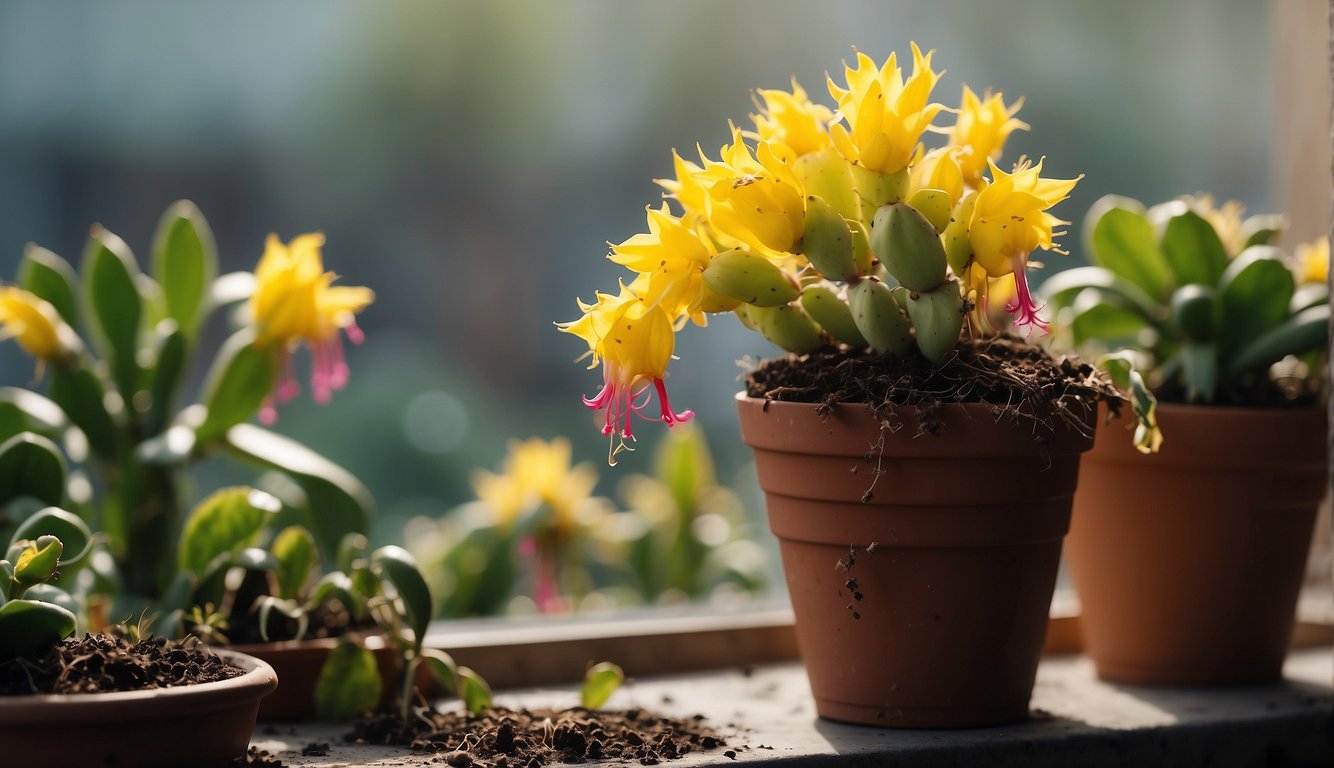 Christmas cactus with yellow leaves, surrounded by pests and disease spots, wilting in a pot on a windowsill