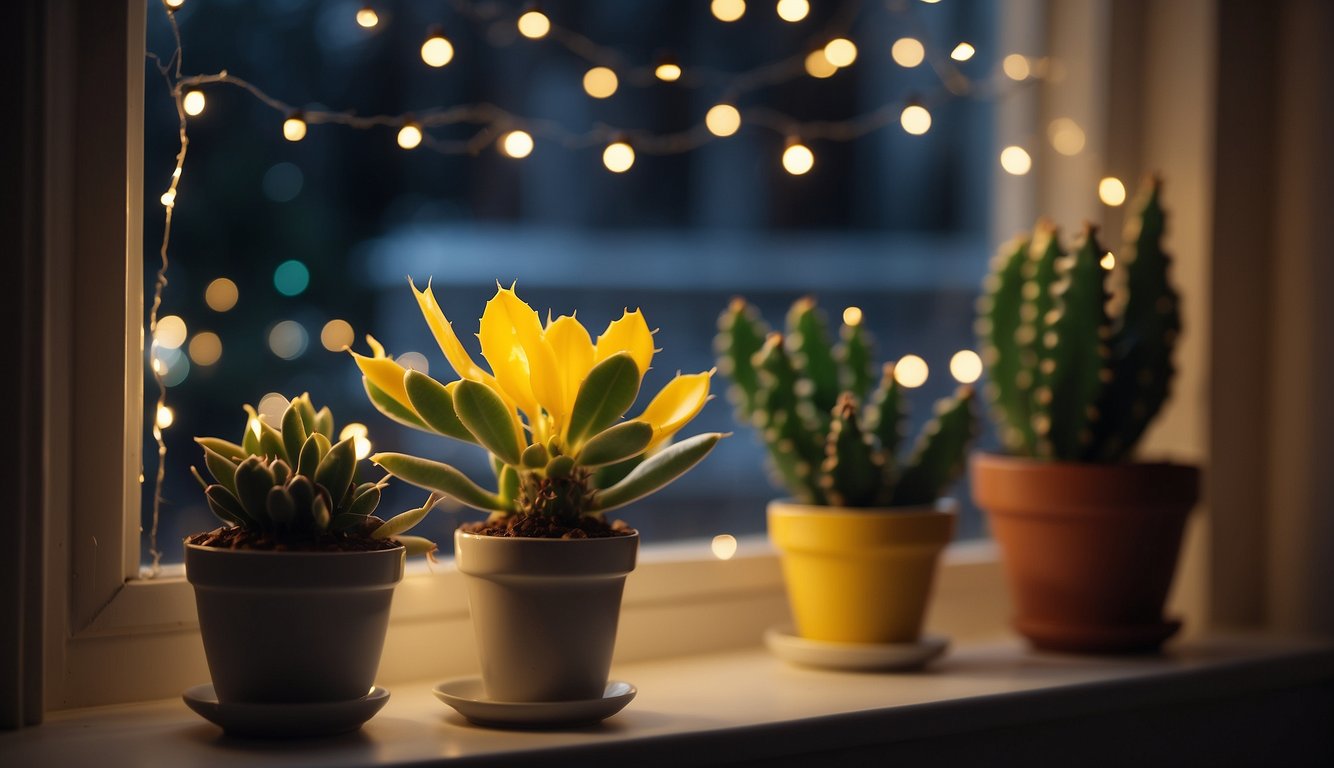 A Christmas cactus with yellow leaves sits on a windowsill, surrounded by twinkling holiday lights and festive decorations