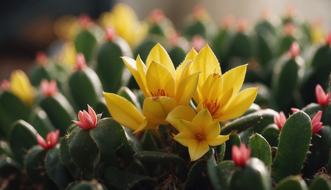 A Christmas cactus with yellow leaves surrounded by a pile of frequently asked questions about caring for the plant