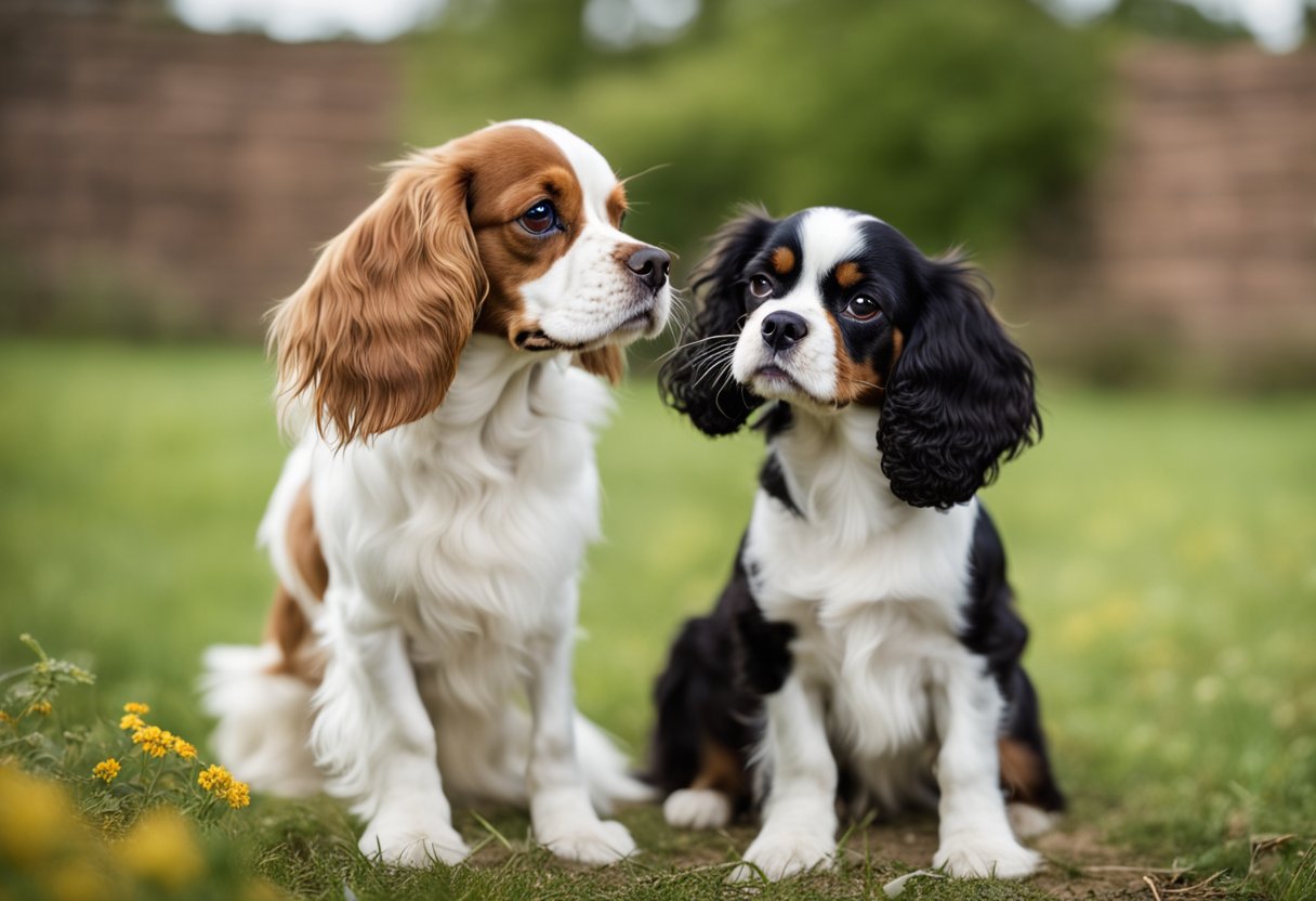 Two small spaniels face off, tails wagging and ears perked. The Cavalier King Charles Spaniel and Cocker Spaniel lock eyes, ready to play