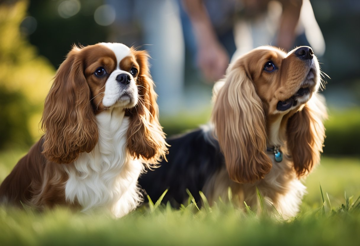 A cavalier king charles spaniel stands tall with long, silky fur, while a cocker spaniel is slightly smaller with a sturdy build and feathered ears