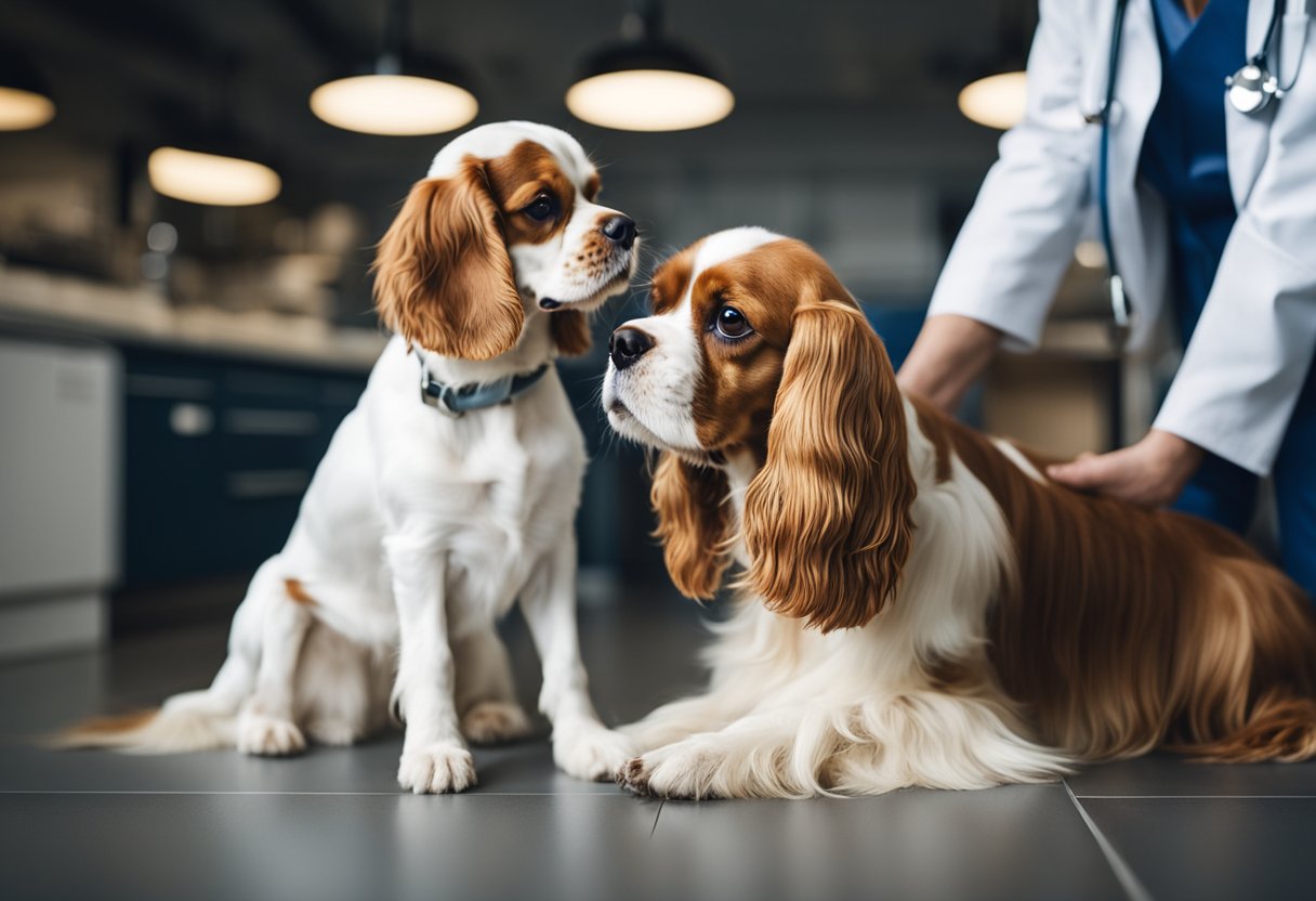 A healthy cavalier king charles spaniel and a cocker spaniel receiving care and attention from a veterinarian
