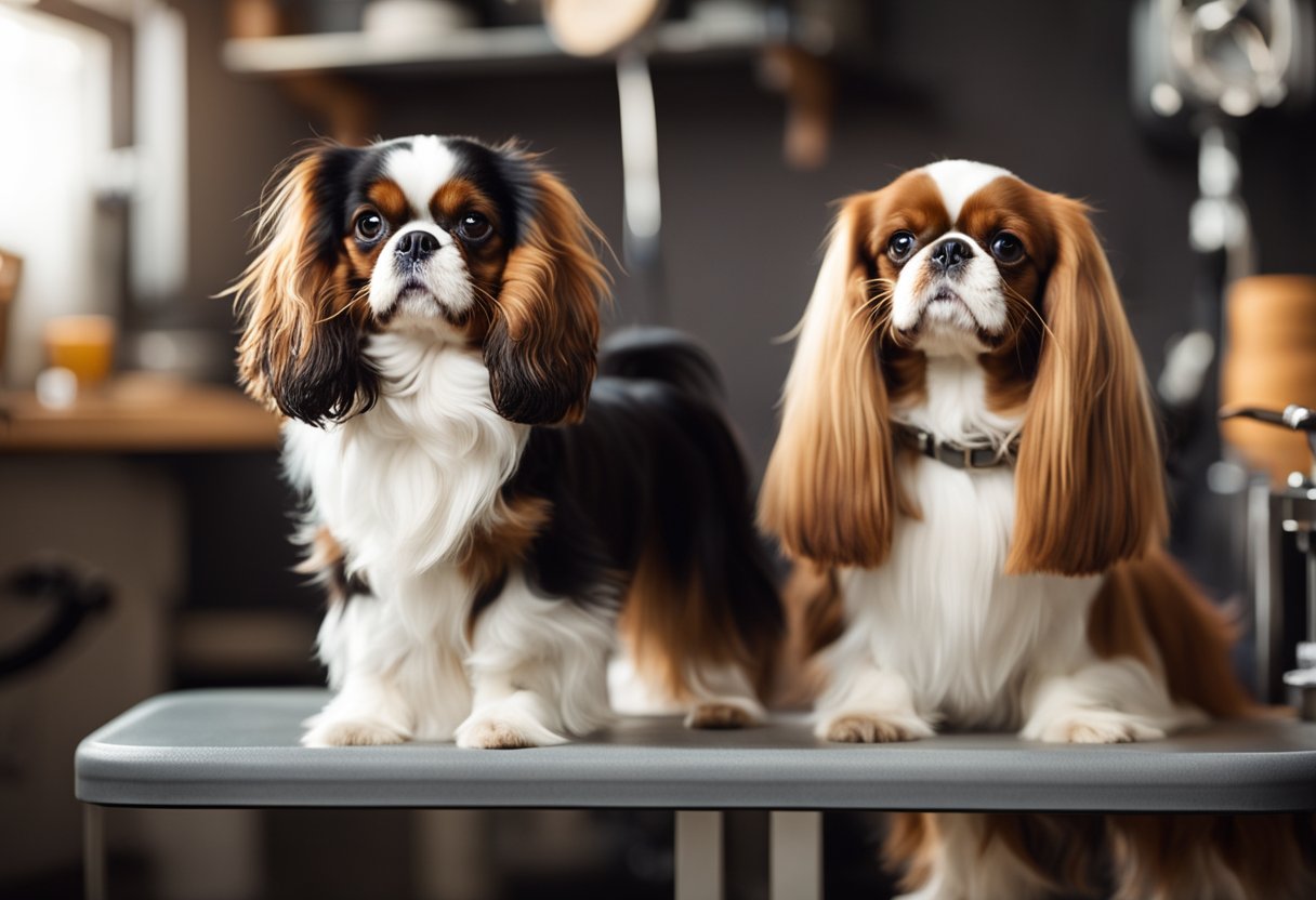 A groomer brushes a fluffy English Toy Spaniel next to a Cavalier King Charles Spaniel on a grooming table