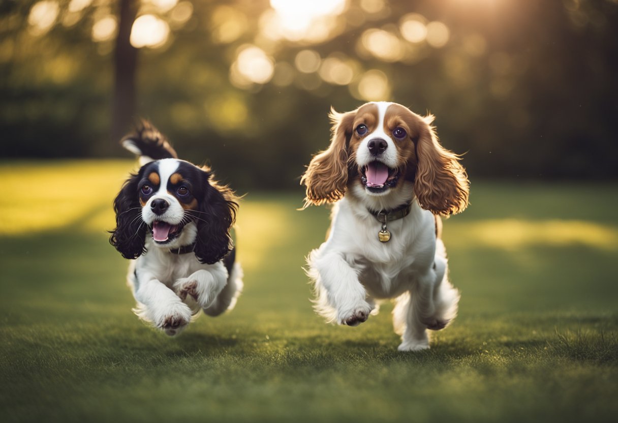 An American cocker spaniel and a King Charles Cavalier face off, growling and baring their teeth, ready to defend their territory