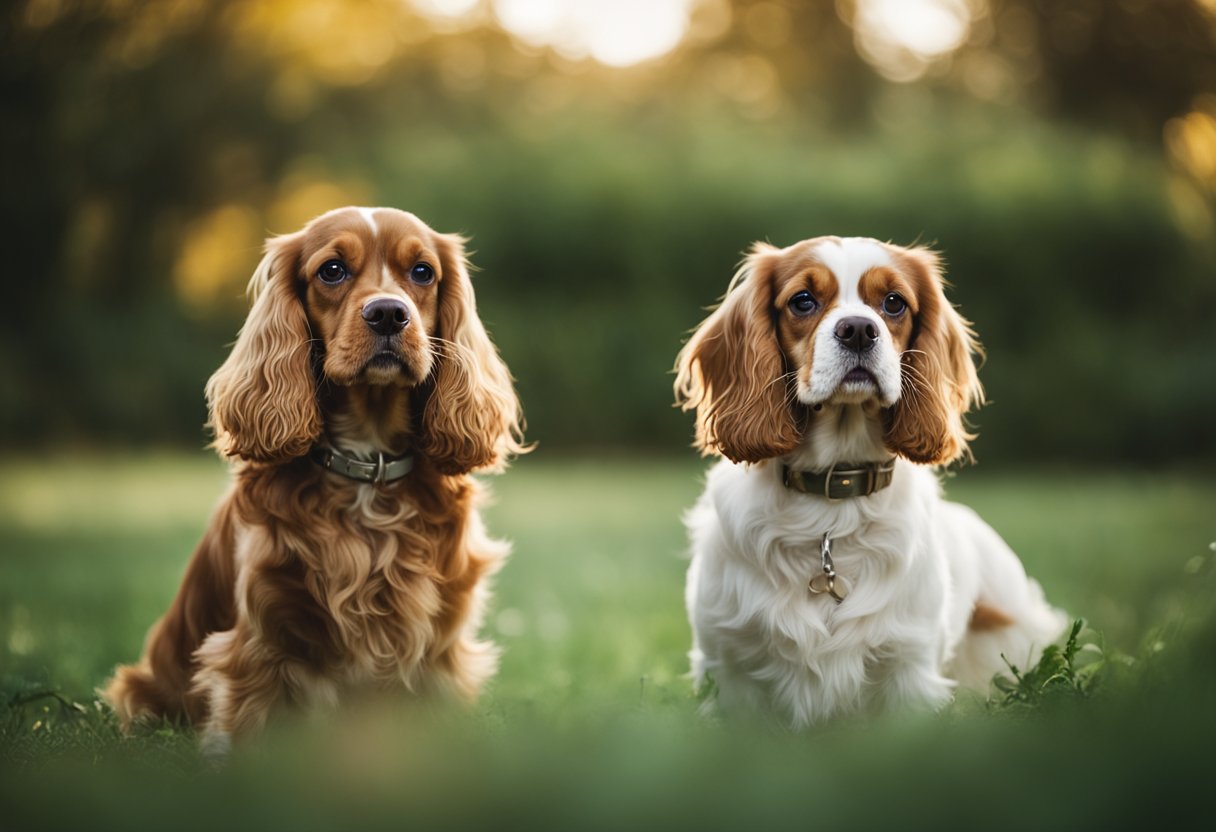 Two dogs, an American Cocker Spaniel and a King Charles Cavalier, stand side by side, showcasing their unique physical characteristics and expressions