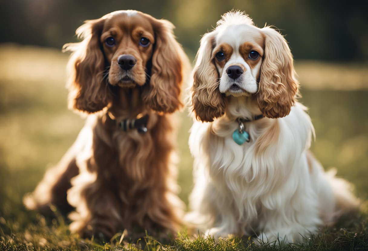 An American Cocker Spaniel stands tall with long, silky ears, while a King Charles Cavalier sits gracefully with a shorter muzzle and gentle expression