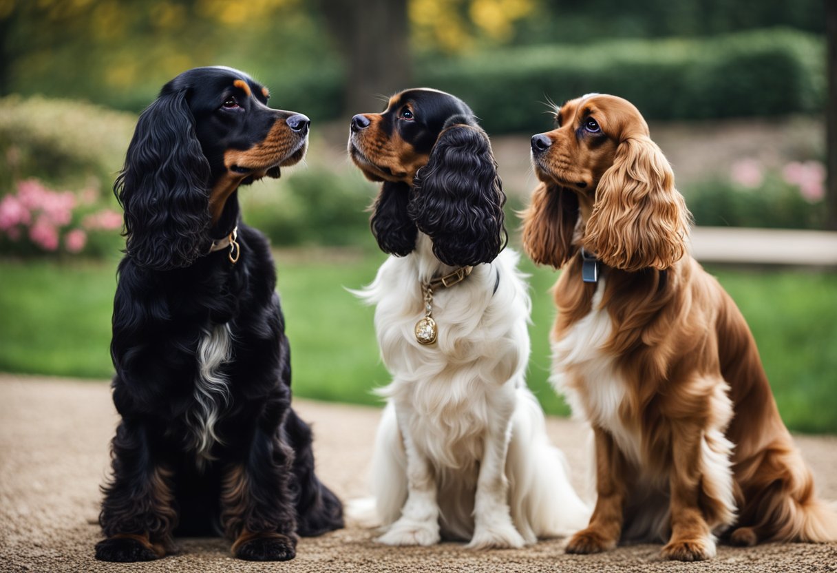 An American Cocker Spaniel stands alert, tail wagging, while a King Charles Cavalier sits calmly, ears perked. Their contrasting temperaments are evident in their body language