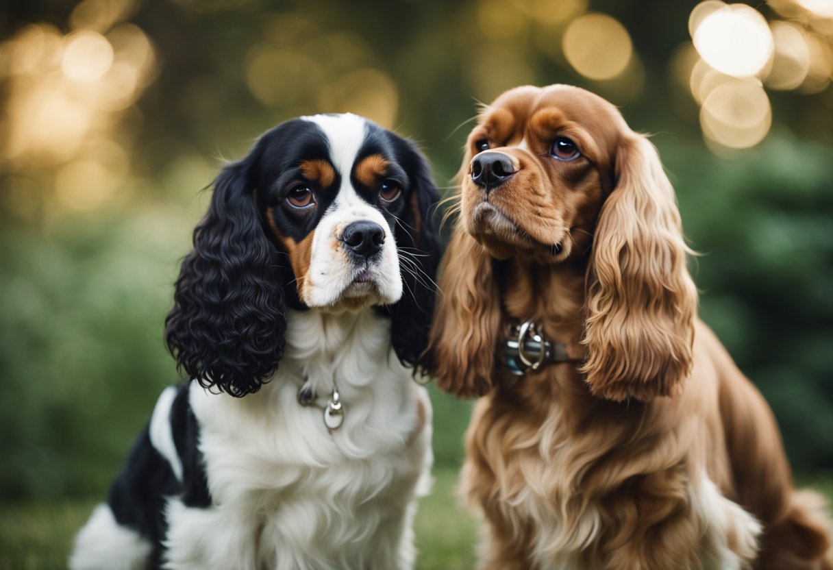 An American cocker spaniel and a King Charles Cavalier stand side by side, showcasing their unique features. The cocker spaniel exudes energy and vitality, while the King Charles Cavalier exudes elegance and grace