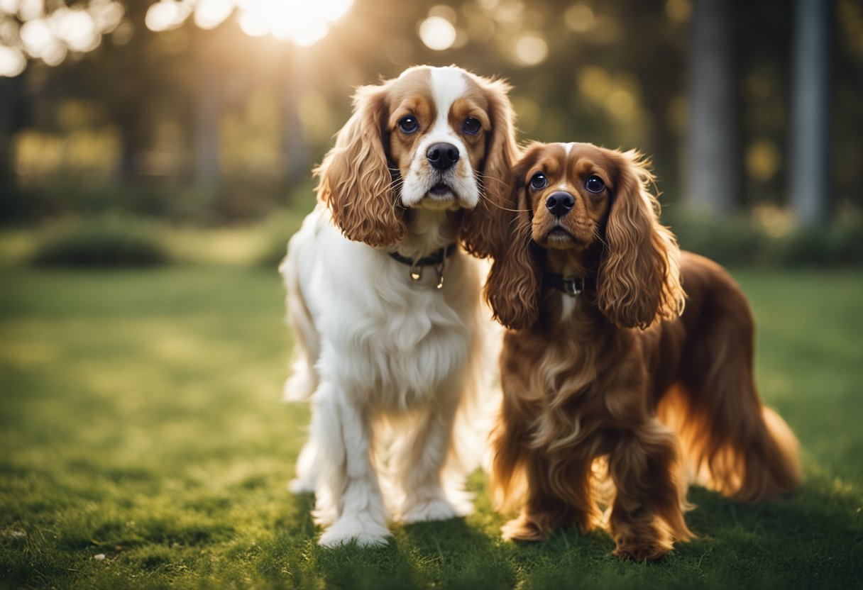 An American Cocker Spaniel and a King Charles Cavalier stand side by side, each with a different care requirement listed above their heads