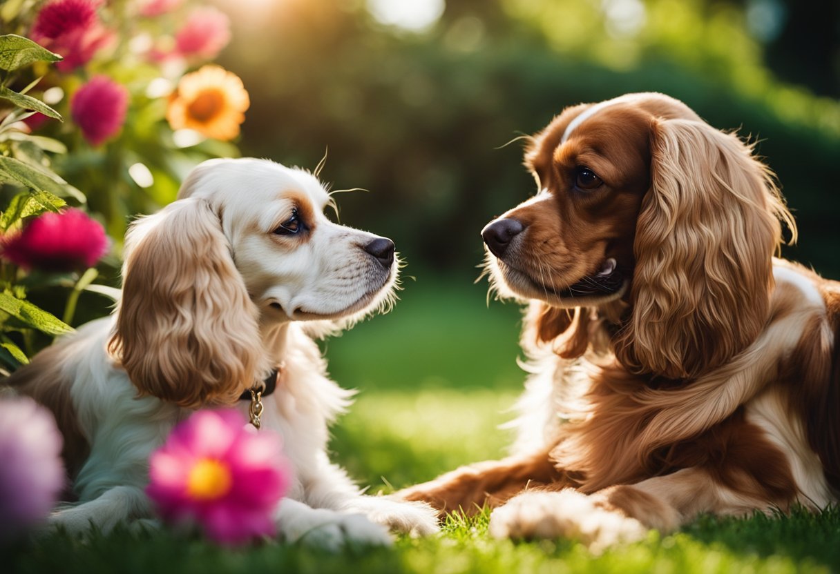 An American Cocker Spaniel and a King Charles Cavalier playfully interact in a sunlit backyard, surrounded by colorful flowers and lush greenery
