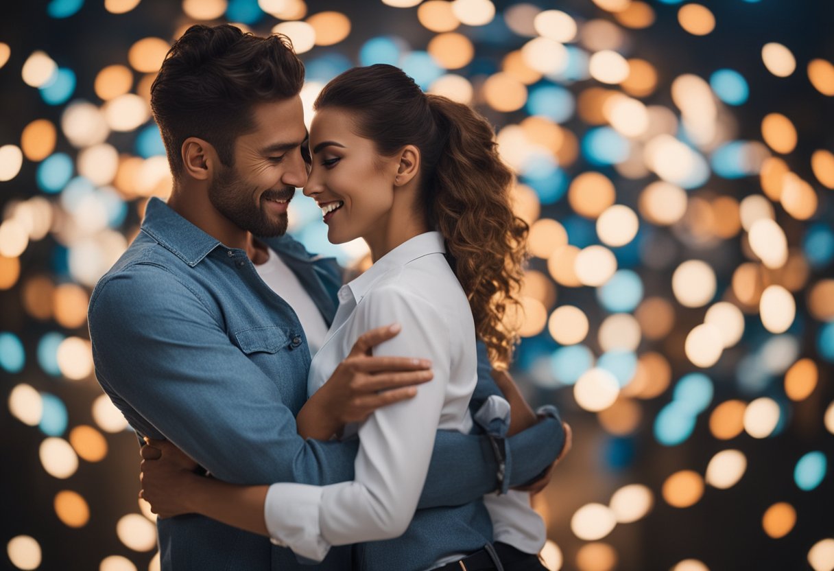 A couple embraces in a modern setting, surrounded by symbols of freedom and sexuality. The scene reflects the trivialization of relationships and the impact of casual sex on individuals