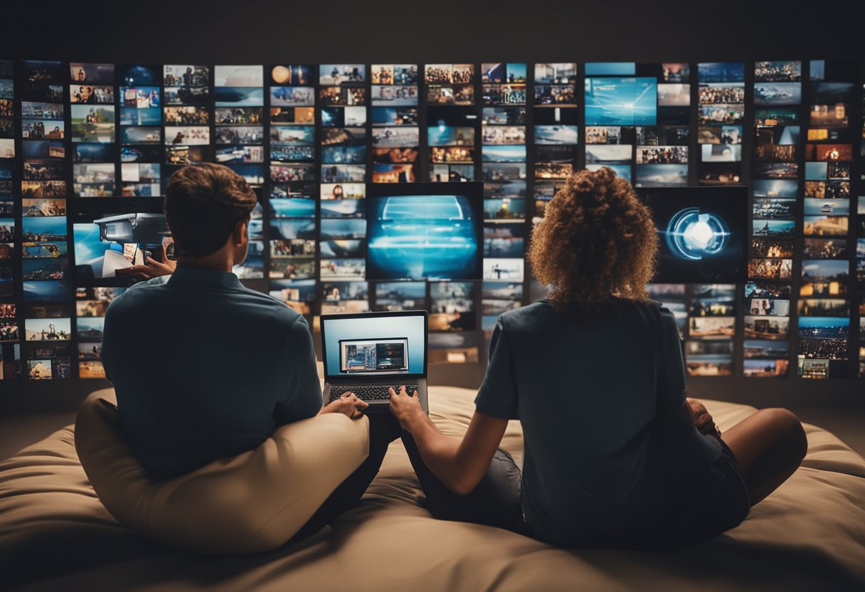 A couple sitting back to back, each absorbed in their own digital devices, surrounded by symbols of modern relationships and sexualization