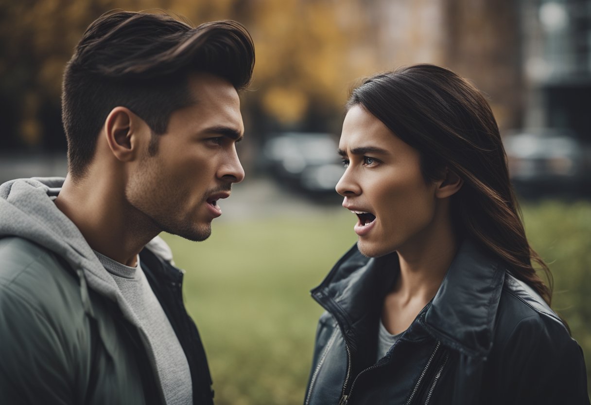 A couple in a heated argument, with one person raising their voice and the other looking distressed. The tension in the air is palpable, highlighting the impact of trivializing relationships and the normalization of violence