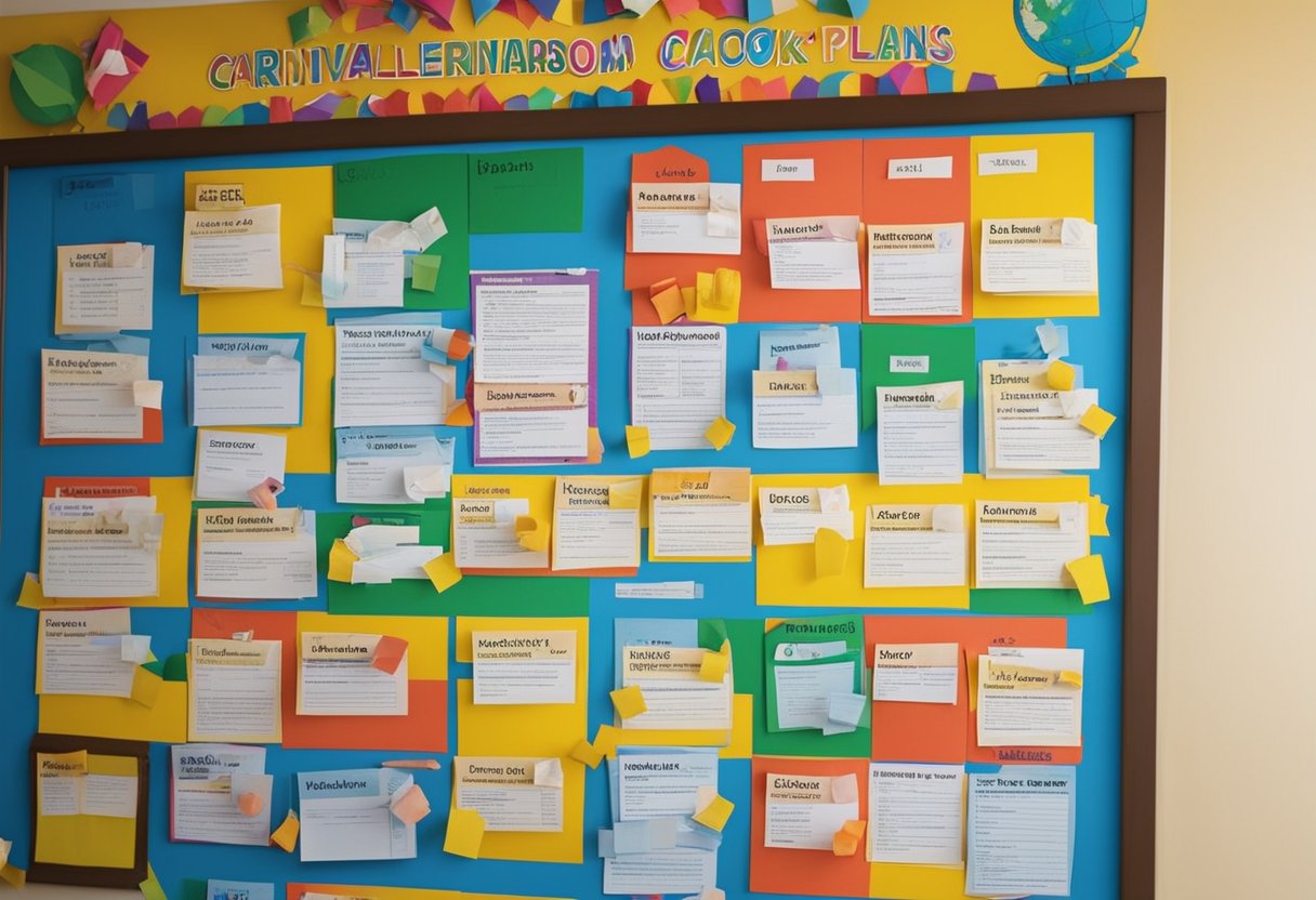 A colorful classroom with 10 lesson plans on carnival displayed on a bulletin board