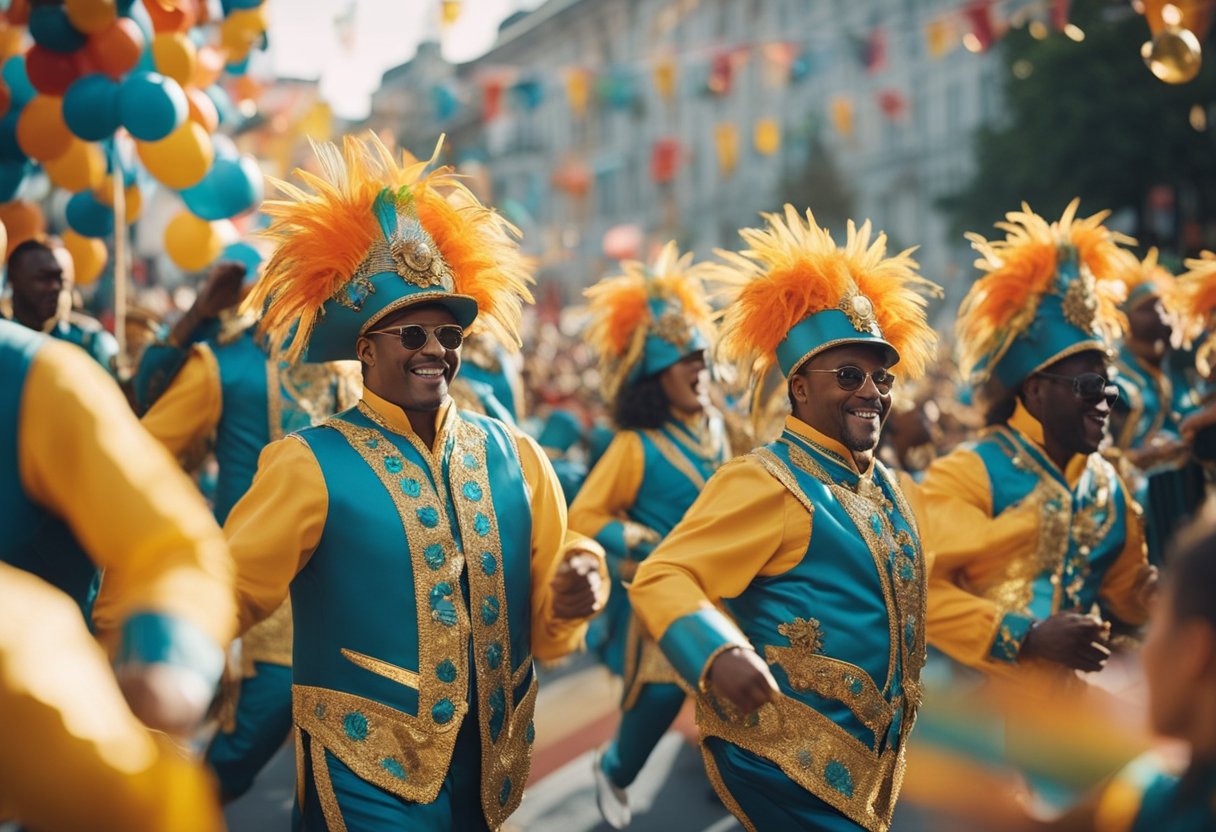 A vibrant carnival parade with colorful floats, dancers in elaborate costumes, and a lively crowd cheering and celebrating
