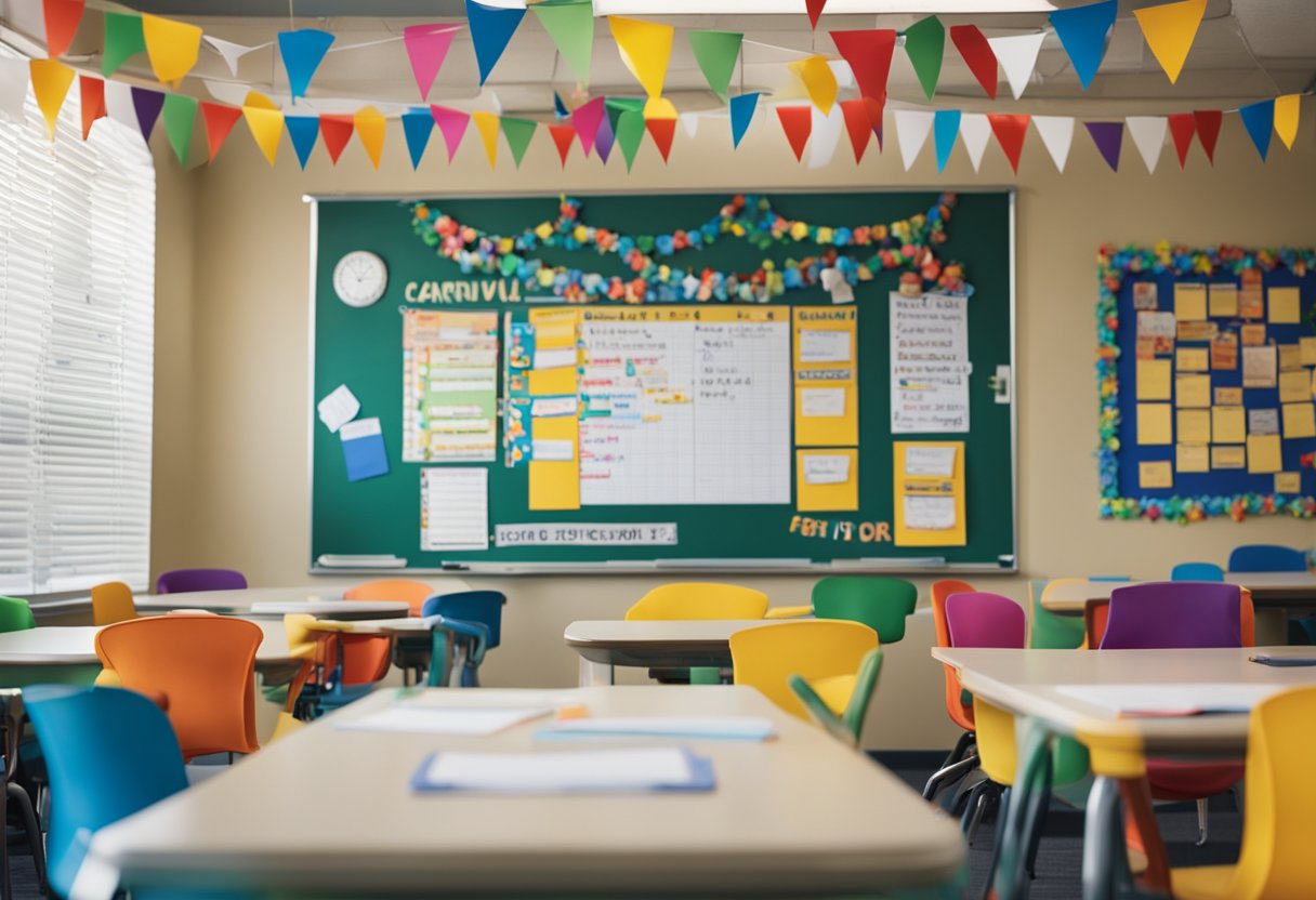 A classroom with colorful decorations and a whiteboard filled with lesson plans for a carnival-themed curriculum