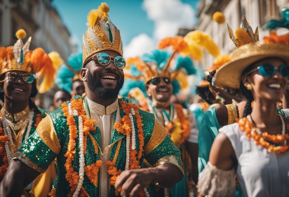 A vibrant carnival parade with colorful floats, lively music, and dancing crowds. Bright costumes, rhythmic drumming, and joyful celebration fill the streets