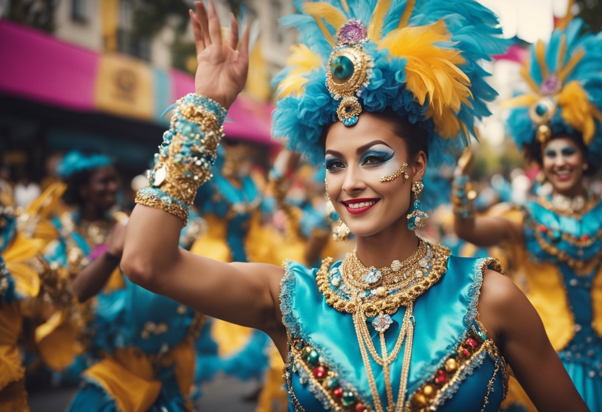 A colorful carnival parade with vibrant floats, dancers in elaborate costumes, and festive music filling the streets