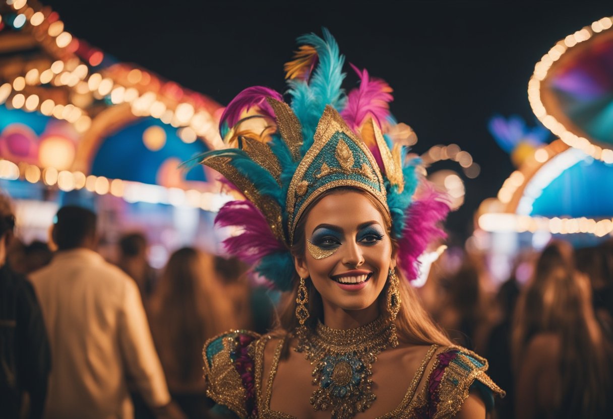 A colorful carnival scene with dancing and body movements, featuring vibrant costumes and lively music