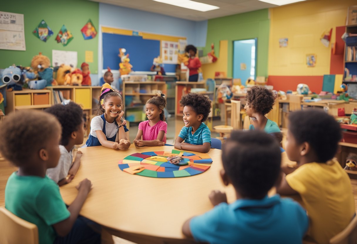 A colorful classroom with books, puppets, and costumes. Children sit in a circle, listening to a storyteller, while others work on art projects