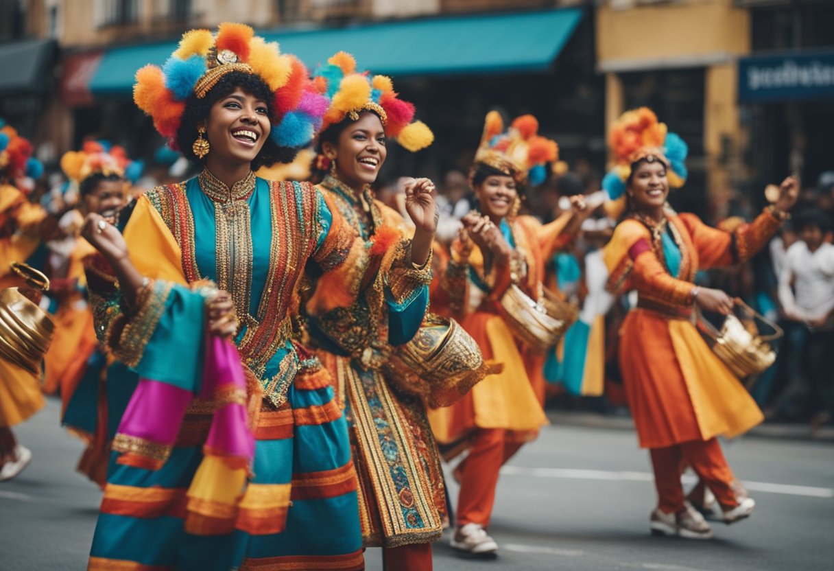 A colorful parade with vibrant costumes, lively music, and joyful dancing, celebrating cultural and social awareness