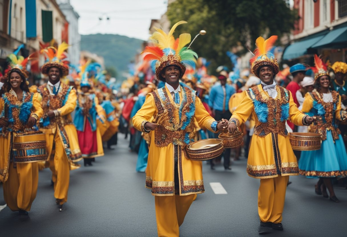 A colorful carnival parade with vibrant costumes, floats, and lively music fills the streets, as people dance and celebrate in the festive atmosphere