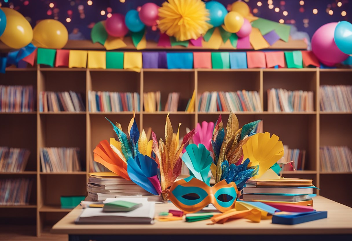 A colorful classroom with carnival-themed teaching materials and resources, including masks, streamers, and music instruments