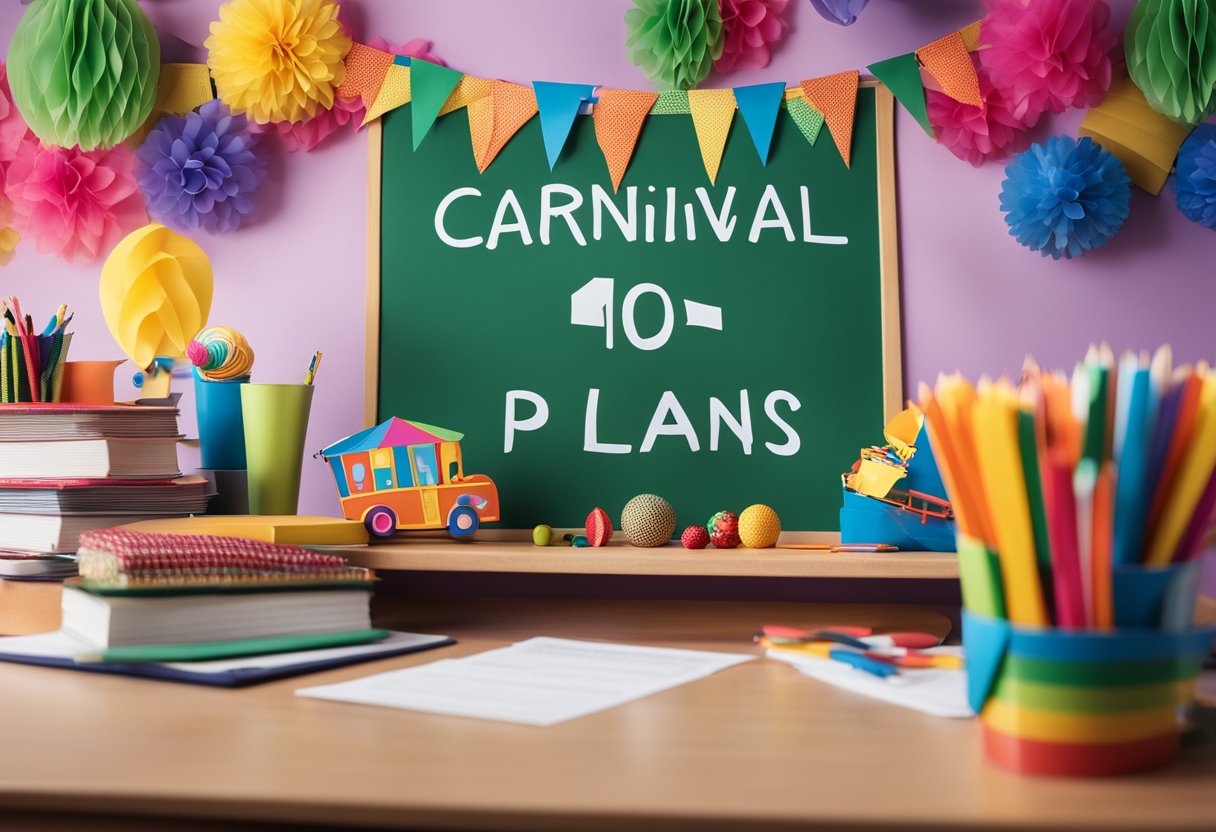 A colorful classroom with carnival-themed decorations, 10 lesson plans displayed on a bulletin board, and a stack of FAQ sheets on a desk