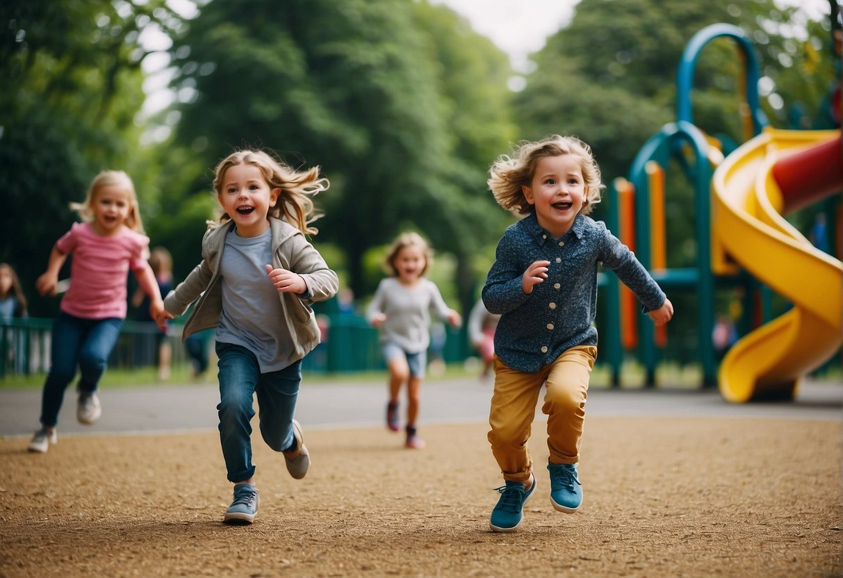 Children play in a colorful playground in Dublin, surrounded by green parks and a lively atmosphere. Laughter fills the air as kids run, climb, and swing, enjoying a fun day out in the city