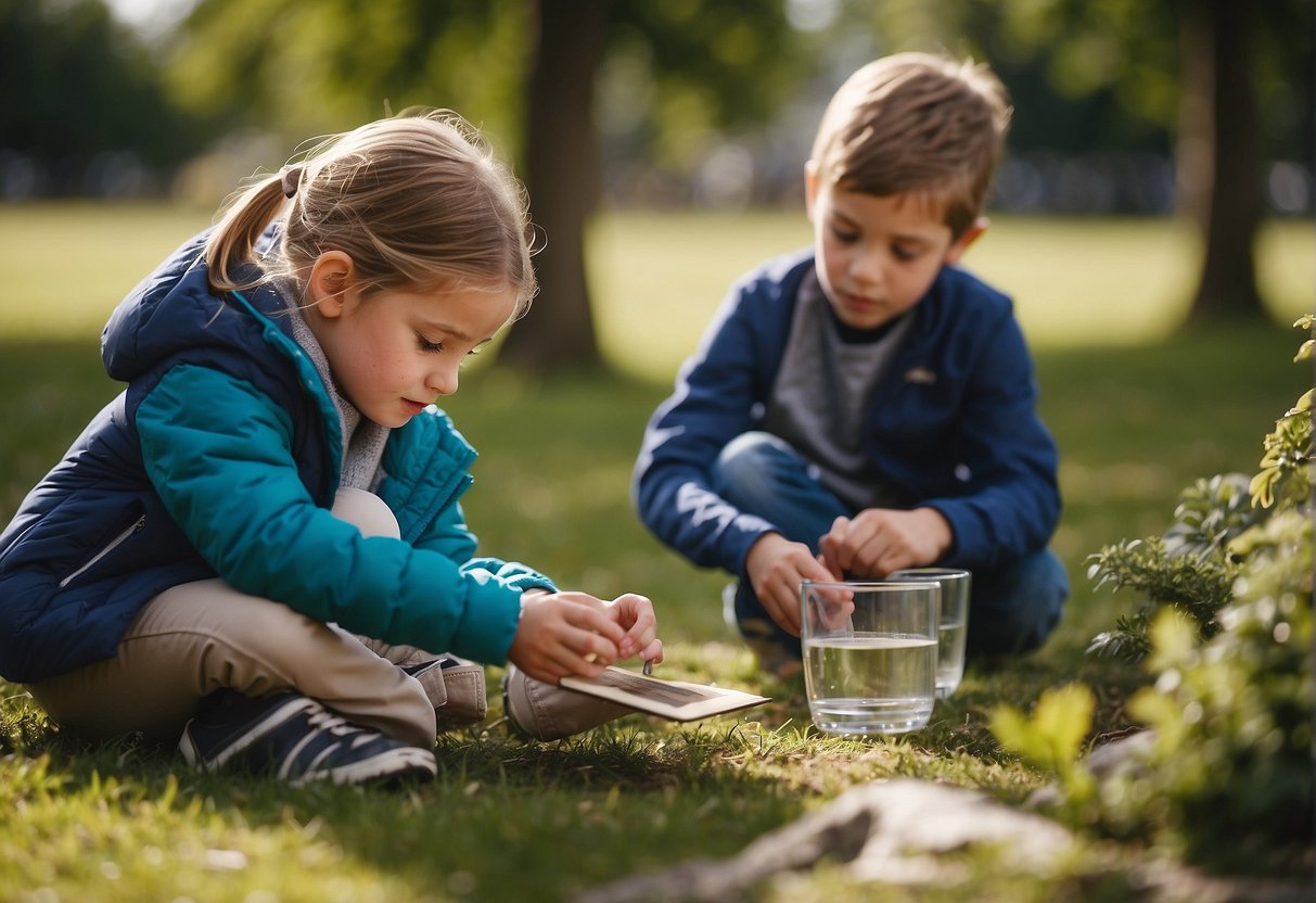 Children engage in educational activities at a Dublin park, exploring nature, reading books, and participating in hands-on science experiments