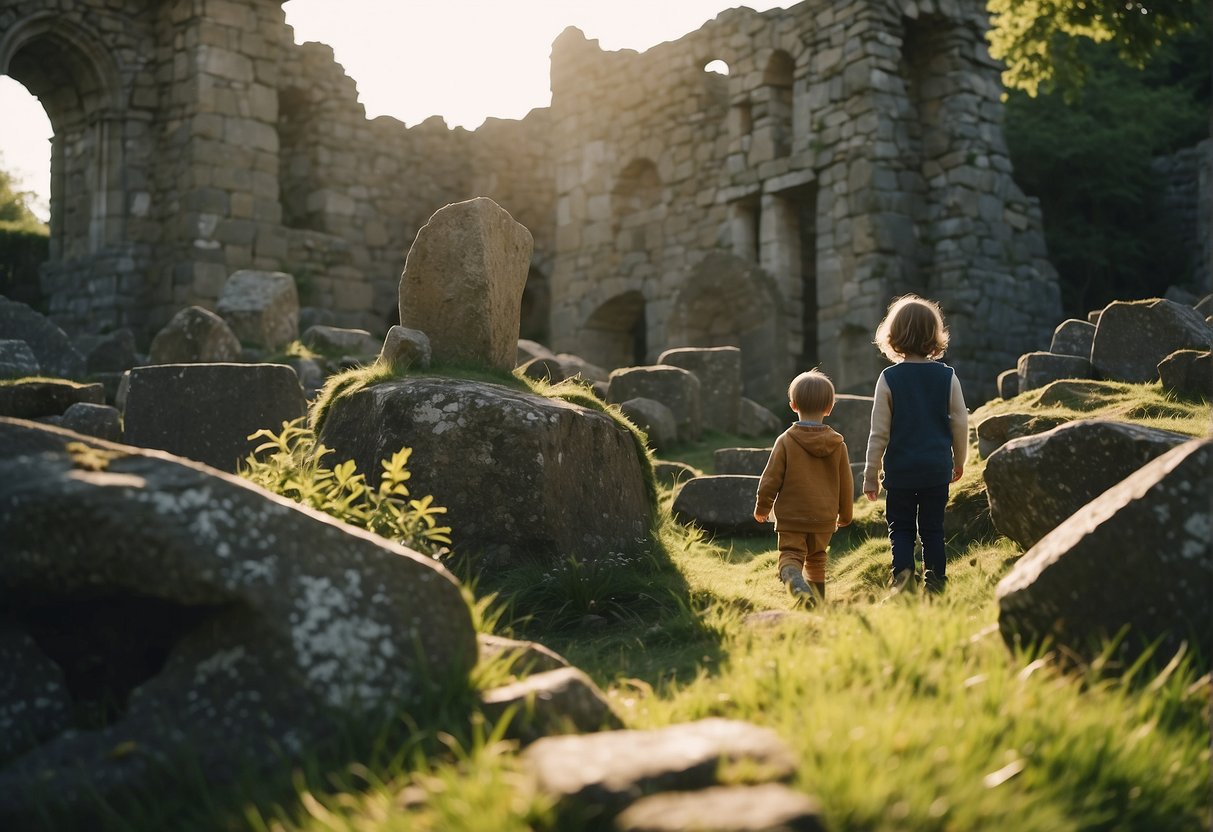 Children explore ancient ruins in Dublin, uncovering artifacts and learning about the city's history. The sun shines down on the ancient stones and lush greenery, creating a sense of adventure and discovery